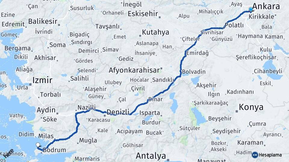 Ankara Çankaya Gündoğan Bodrum Muğla Arası Kaç Km - Yol Haritası