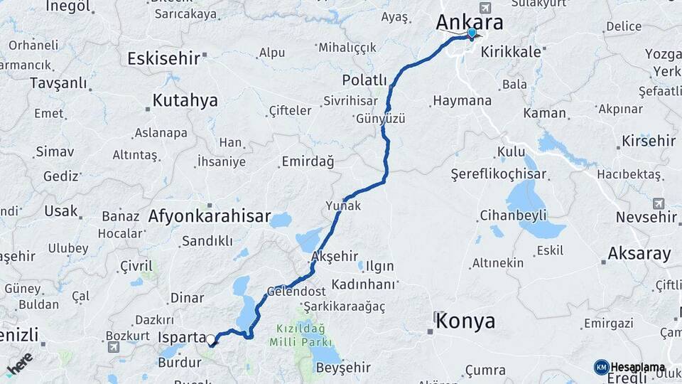Ankara Çankaya Isparta Arası Kaç Km - Yol Haritası