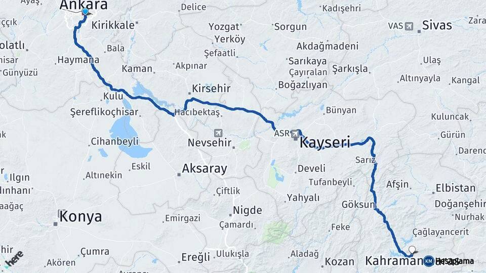 Ankara Çankaya Kahramanmaraş Arası Kaç Km - Yol Haritası