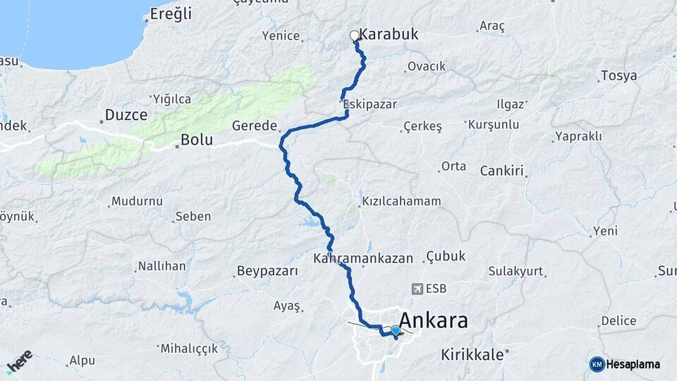 Ankara Çankaya Karabük Arası Kaç Km - Yol Haritası
