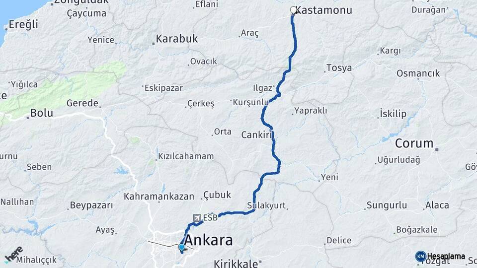 Ankara Çankaya Kastamonu Arası Kaç Km - Yol Haritası