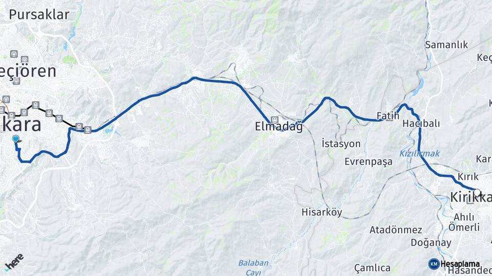 Ankara Çankaya Kırıkkale Arası Kaç Km - Yol Haritası