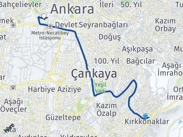 Kırkkonaklar Hacı Bayram Veli Üniversitesi Arası Kaç Km - Yol Tarifi