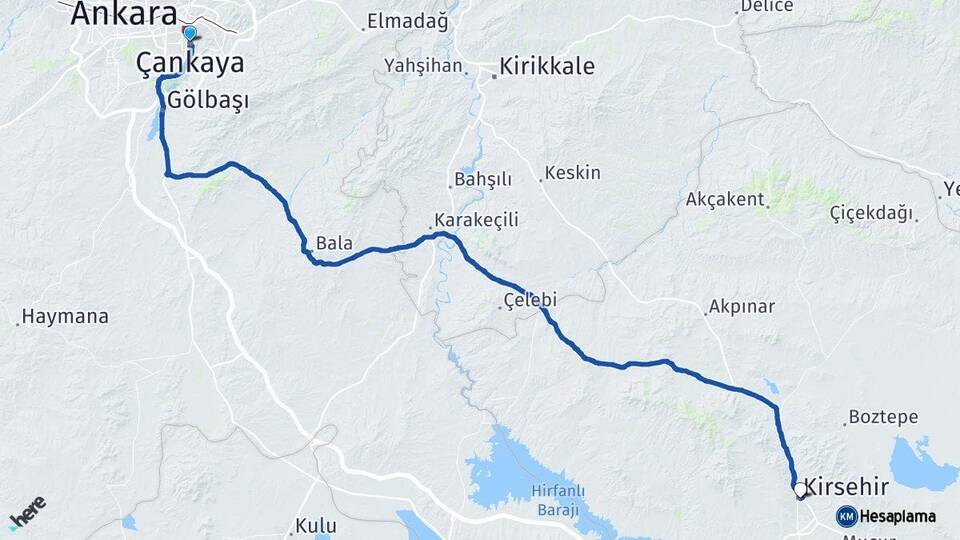 Ankara Çankaya Kırşehir Arası Kaç Km - Yol Haritası