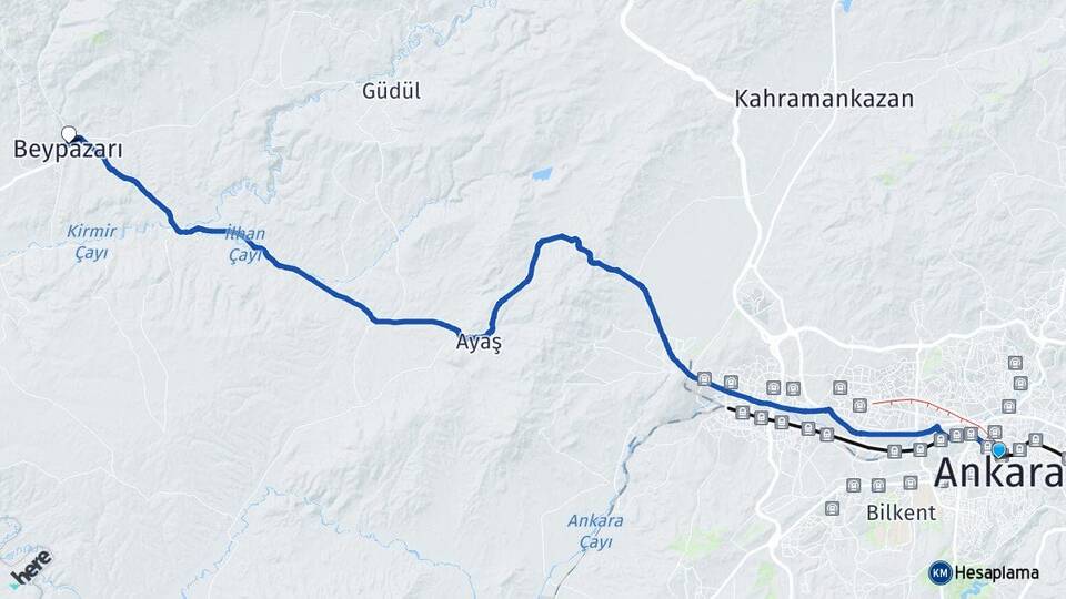 Ankara Çankaya Kızılay Beypazarı Arası Kaç Km - Yol Haritası