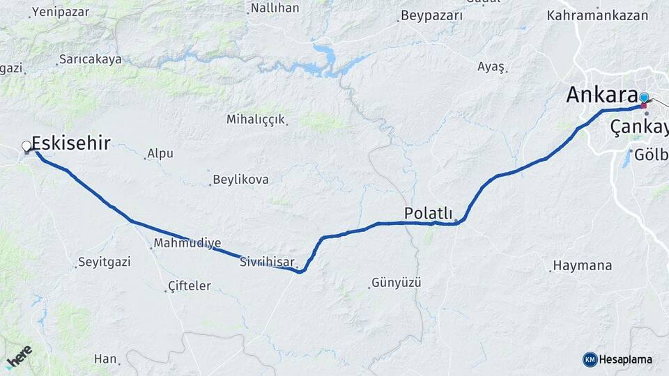 Ankara Çankaya Kızılay Eskişehir Arası Kaç Km - Yol Haritası