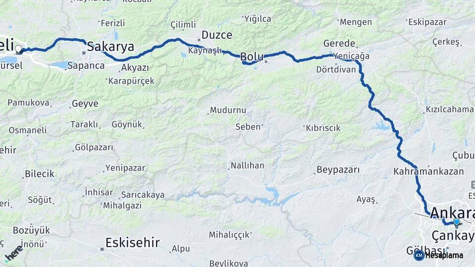 Ankara Çankaya Kocaeli Arası Kaç Km - Yol Haritası