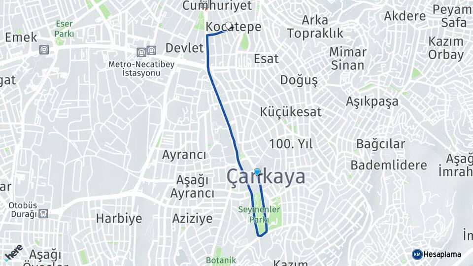 Ankara Çankaya Kocatepe Çankaya Arası Kaç Km - Yol Haritası