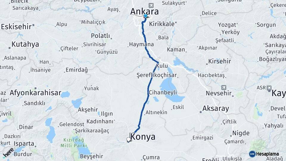 Ankara Çankaya Konya Arası Kaç Km - Yol Haritası