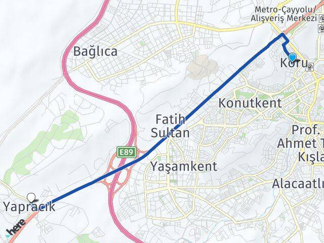 Ankara Çankaya Koru Yapracık Etimesgut Arası Kaç Km - Yol Haritası