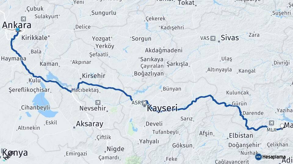 Ankara Çankaya Malatya Arası Kaç Km - Yol Haritası