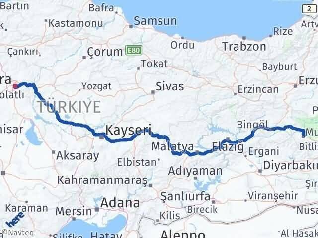 Ankara Çankaya Muş Arası Kaç Km - Yol Haritası
