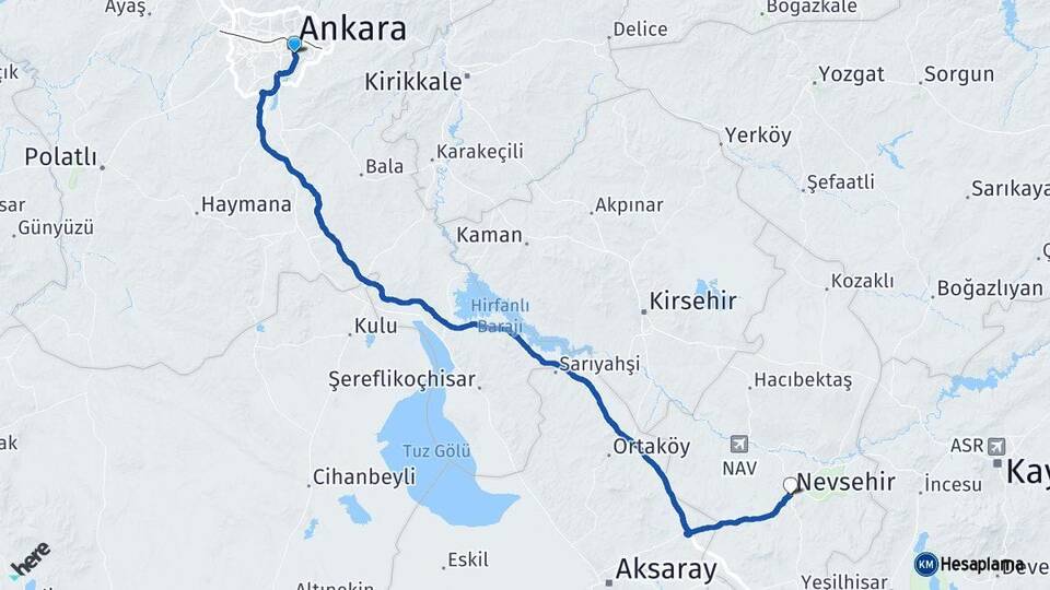 Ankara Çankaya Nevşehir Arası Kaç Km - Yol Haritası