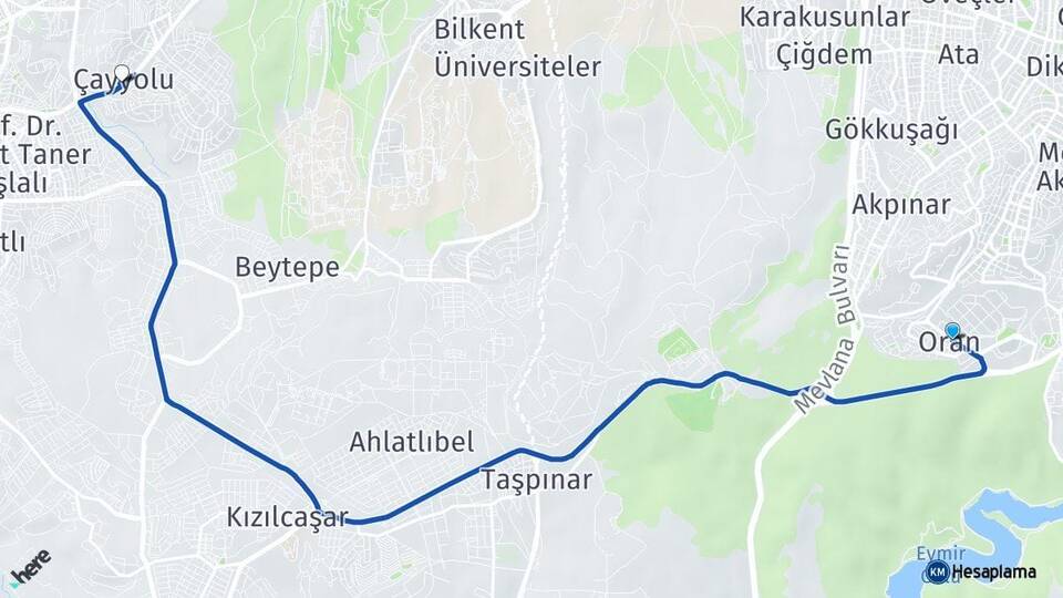 Ankara Çankaya Oran Çayyolu Çankaya Arası Kaç Km - Yol Haritası