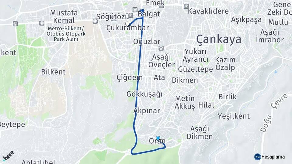 Ankara Çankaya Oran Çukurambar Çankaya Arası Kaç Km - Yol Haritası