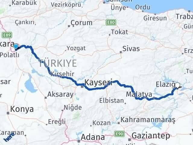 Ankara Çankaya Oran Kızılay Elazığ Arası Kaç Km - Yol Haritası