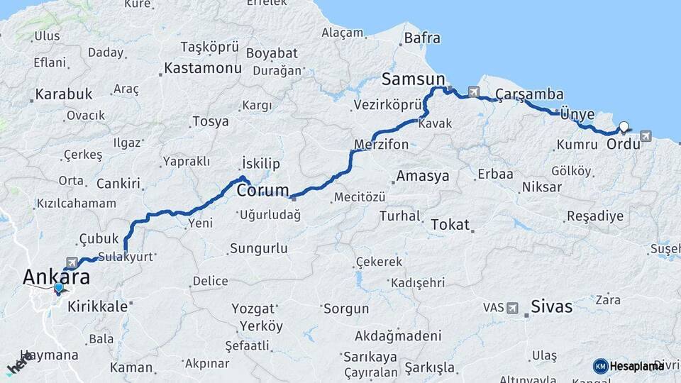 Ankara Çankaya Ordu Arası Kaç Km - Yol Haritası