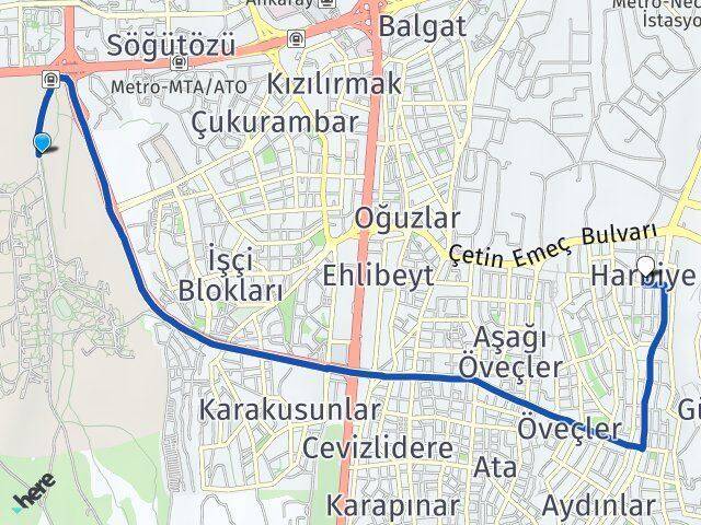 Orta Doğu Teknik Üniversitesi (ODTÜ) Harbiye Arası Kaç Km - Yol Tarifi