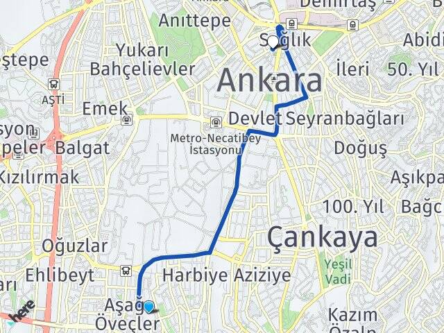 Ankara Çankaya Öveçler Kızılay Çankaya Arası Kaç Km - Yol Haritası