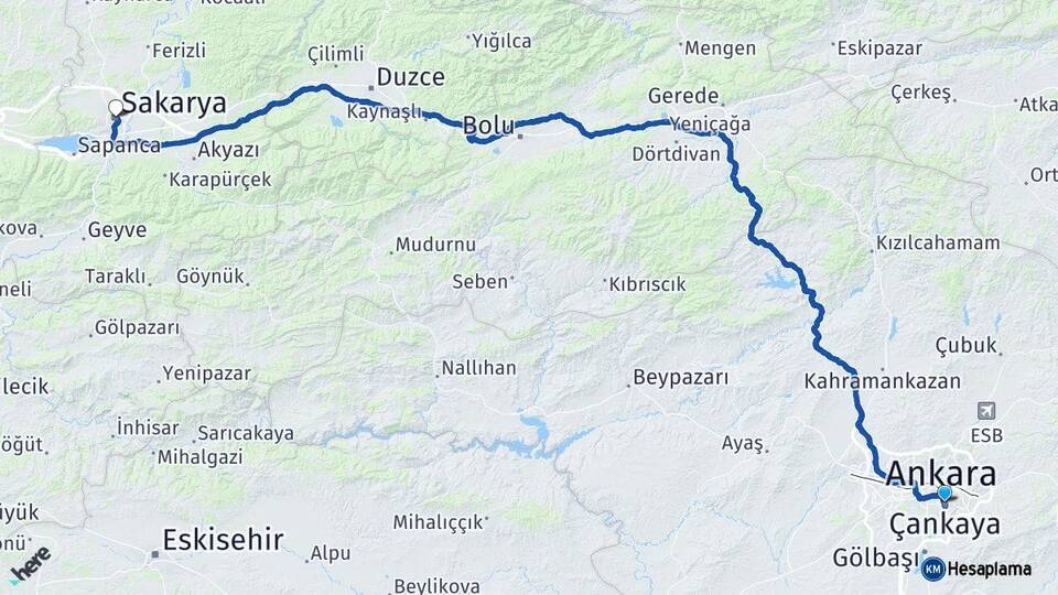 Ankara Çankaya Sakarya Arası Kaç Km - Yol Haritası