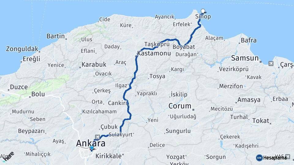 Ankara Çankaya Sinop Arası Kaç Km - Yol Haritası