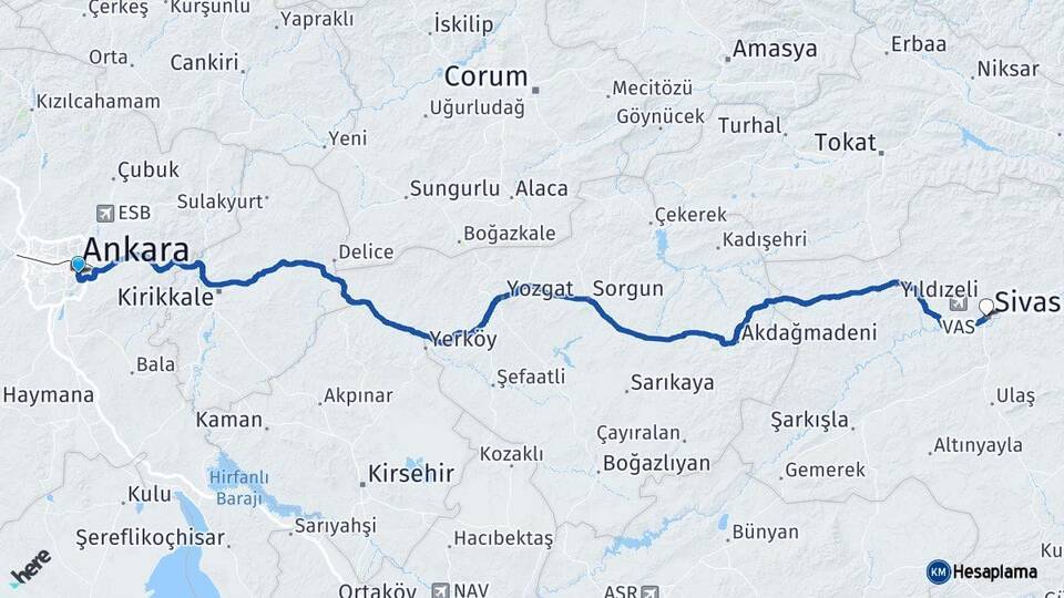 Ankara Çankaya Sivas Arası Kaç Km - Yol Haritası