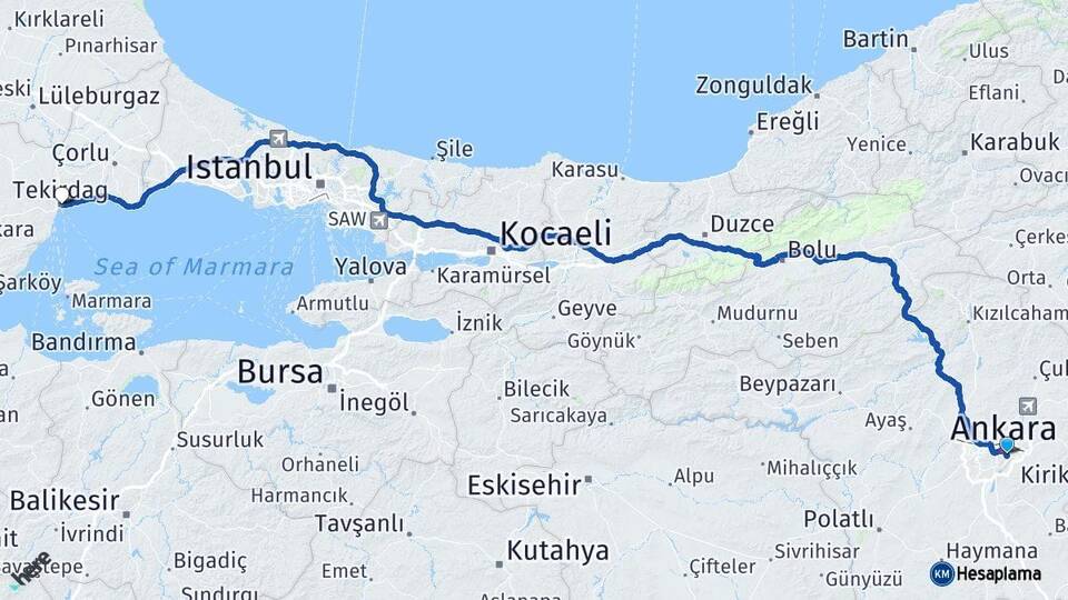 Ankara Çankaya Tekirdağ Arası Kaç Km - Yol Haritası