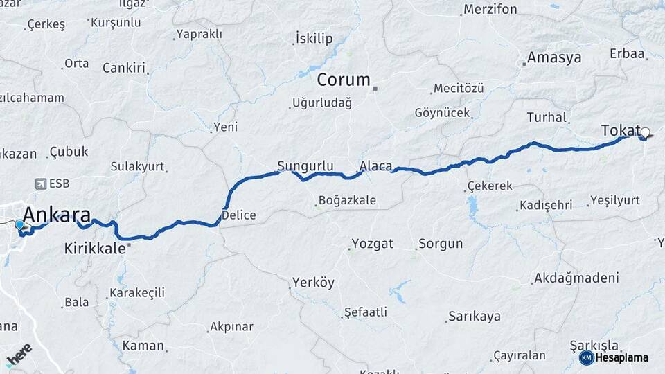 Ankara Çankaya Tokat Arası Kaç Km - Yol Haritası