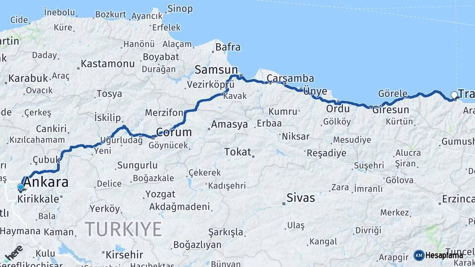 Ankara Çankaya Trabzon Arası Kaç Km - Yol Haritası