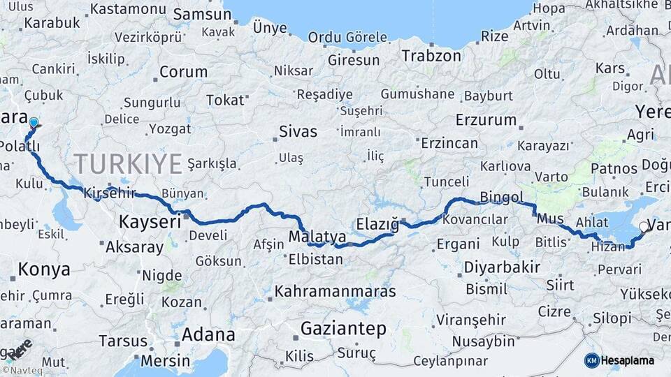 Ankara Çankaya Van Arası Kaç Km - Yol Haritası