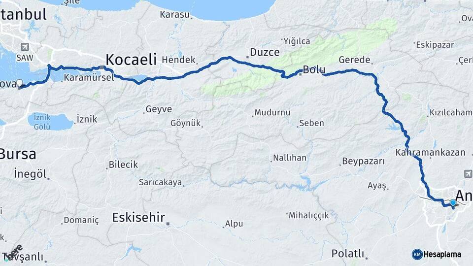 Ankara Çankaya Yalova Arası Kaç Km - Yol Haritası
