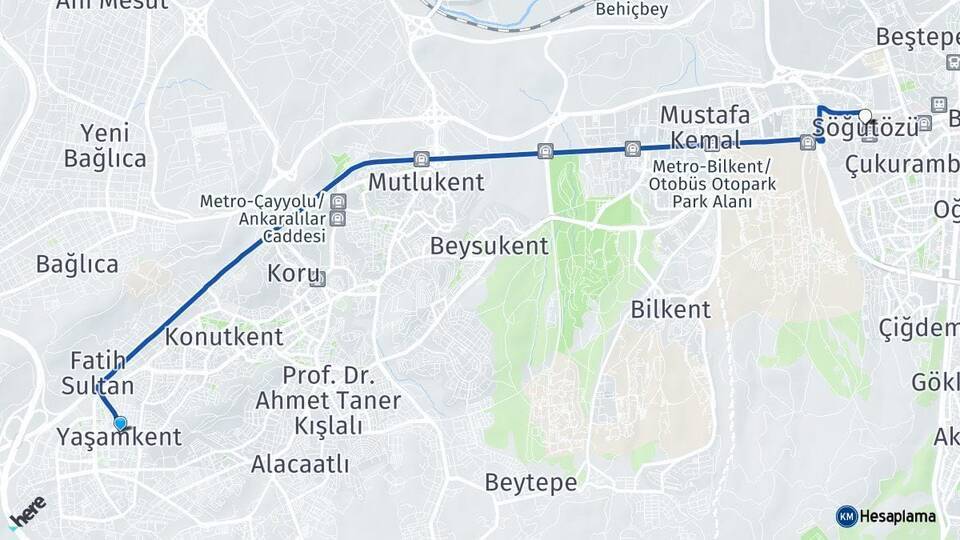 Yaşamkent Söğütözü Arası Kaç Km - Yol Tarifi