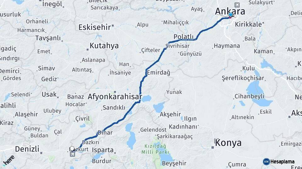 Ankara Çardak Denizli Arası Kaç Km - Yol Haritası