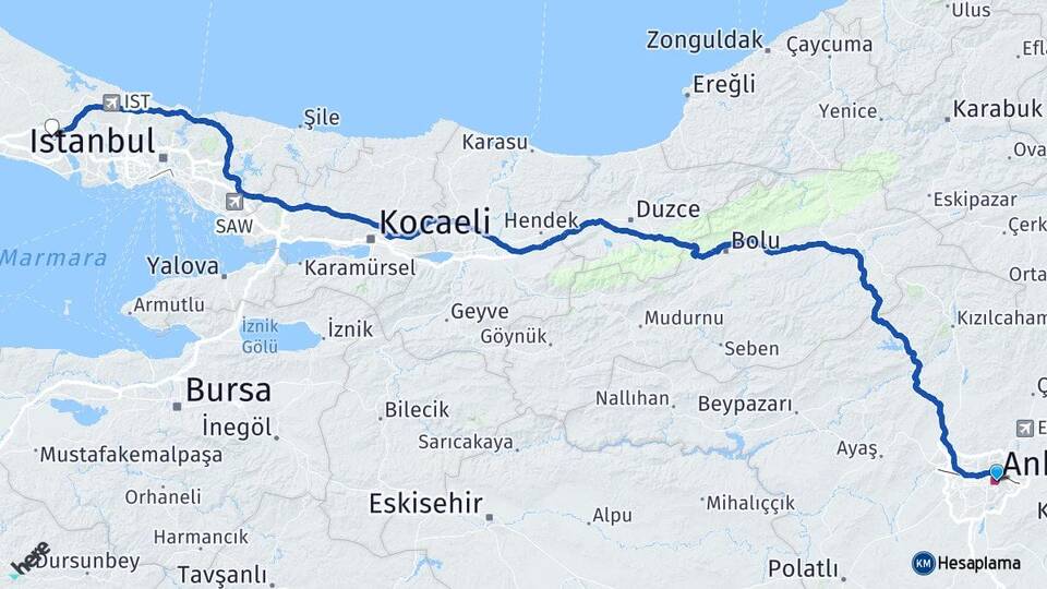 Ankara Çatalca İstanbul Arası Kaç Km - Yol Haritası