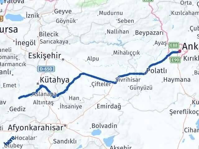Ankara Çavdarhisar Kütahya Arası Kaç Km - Yol Haritası