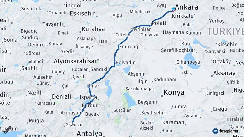 Ankara Çavdır Burdur Arası Kaç Km - Yol Haritası