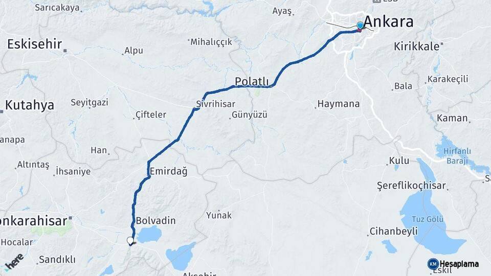 Ankara Çay Afyonkarahisar Arası Kaç Km - Yol Haritası