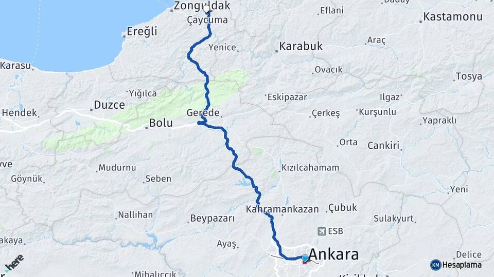 Ankara Çaycuma Zonguldak Arası Kaç Km - Yol Haritası