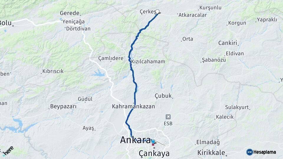 Ankara Çerkeş Çankırı Arası Kaç Km - Yol Haritası