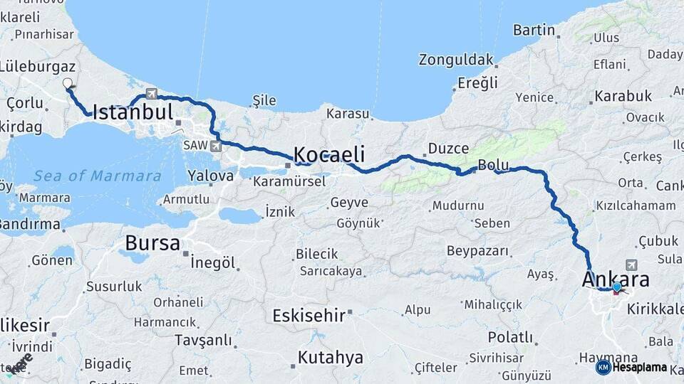 Ankara Çerkezköy Arası Kaç Km - Yol Tarifi
