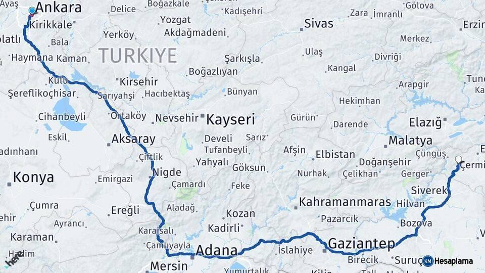 Ankara Çermik Diyarbakır Arası Kaç Km - Yol Haritası