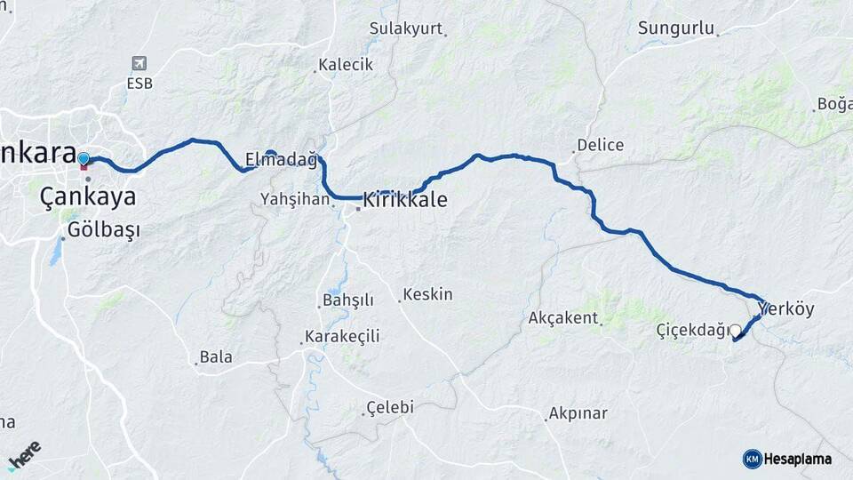 Ankara Çiçekdağı Kırşehir Arası Kaç Km - Yol Haritası