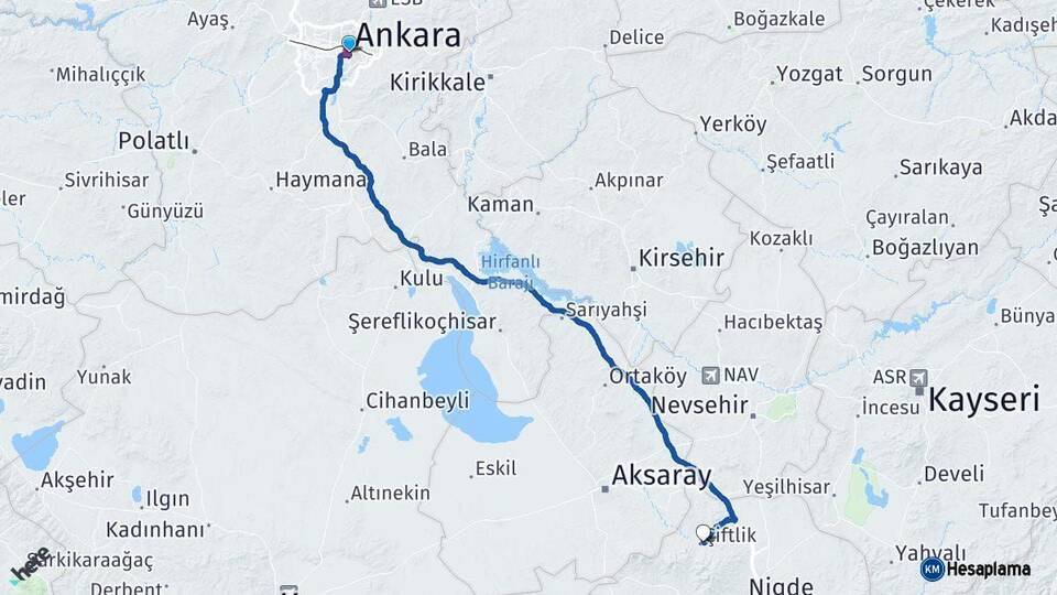 Ankara Çiftlik Niğde Arası Kaç Km - Yol Haritası