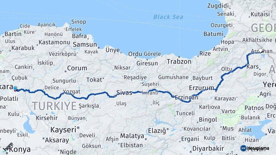 Ankara Çıldır Ardahan Arası Kaç Km - Yol Haritası
