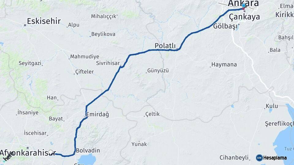 Ankara Çobanlar Afyonkarahisar Arası Kaç Km - Yol Haritası