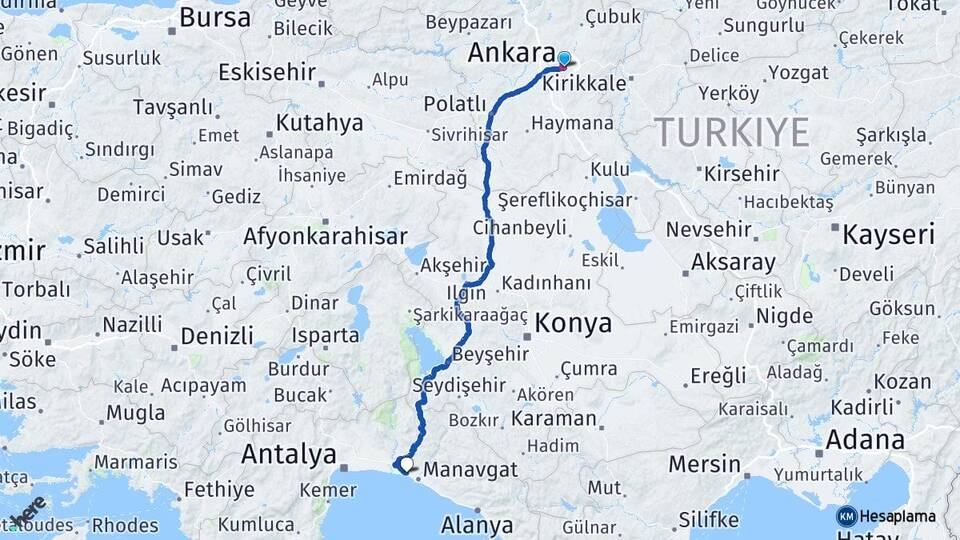 Ankara Çolaklı Manavgat Antalya Arası Kaç Km - Yol Haritası