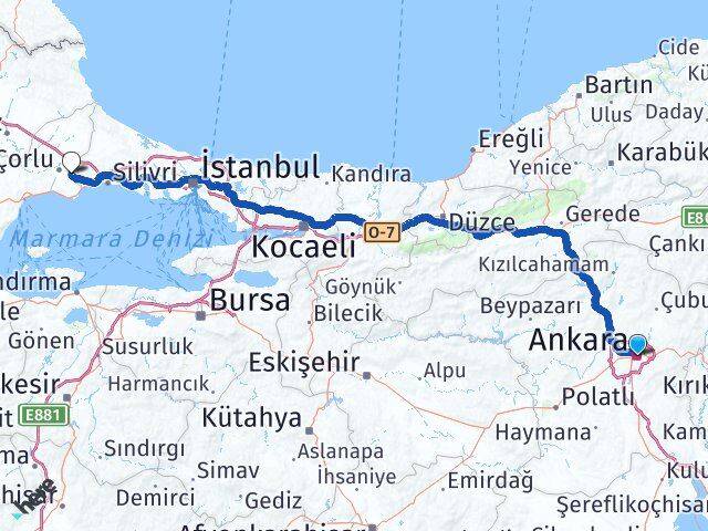 Ankara Çorlu Havalimanı Arası Kaç Km - Yol Haritası