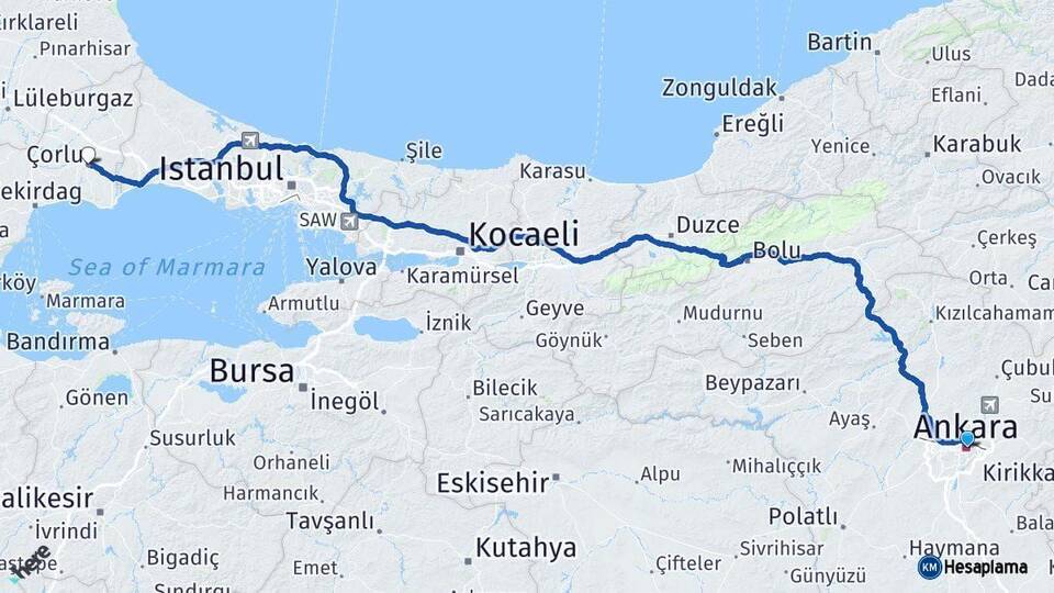 Ankara Çorlu Tekirdağ Arası Kaç Km - Yol Haritası