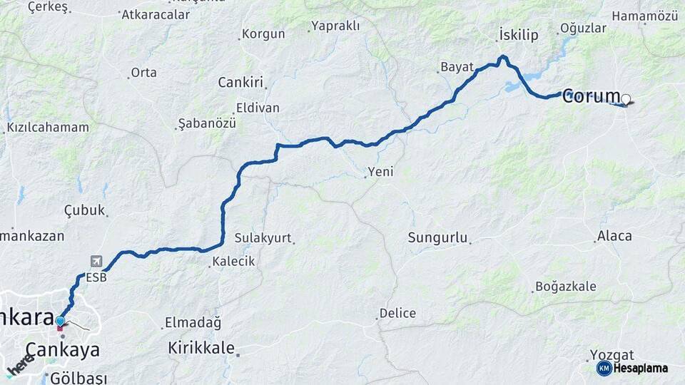 Ankara Çorum Arası Kaç Km - Yol Haritası