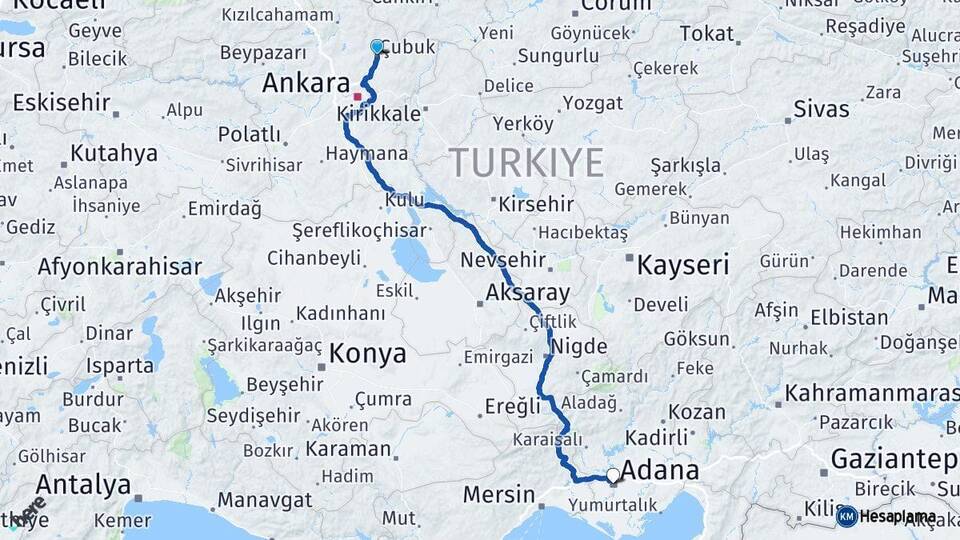 Ankara Çubuk Adana Arası Kaç Km - Yol Haritası